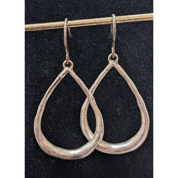 Vintage Handmade Rough Silver Teardrop Hoop Dangle Drop Earrings Light Patina - Picture 1 of 5